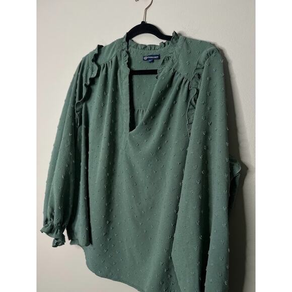 Democracy Blouse Plus 2X Sage Green Swiss Dot Ruffle Sleeve Romantic Cottagecore - Picture 2 of 8